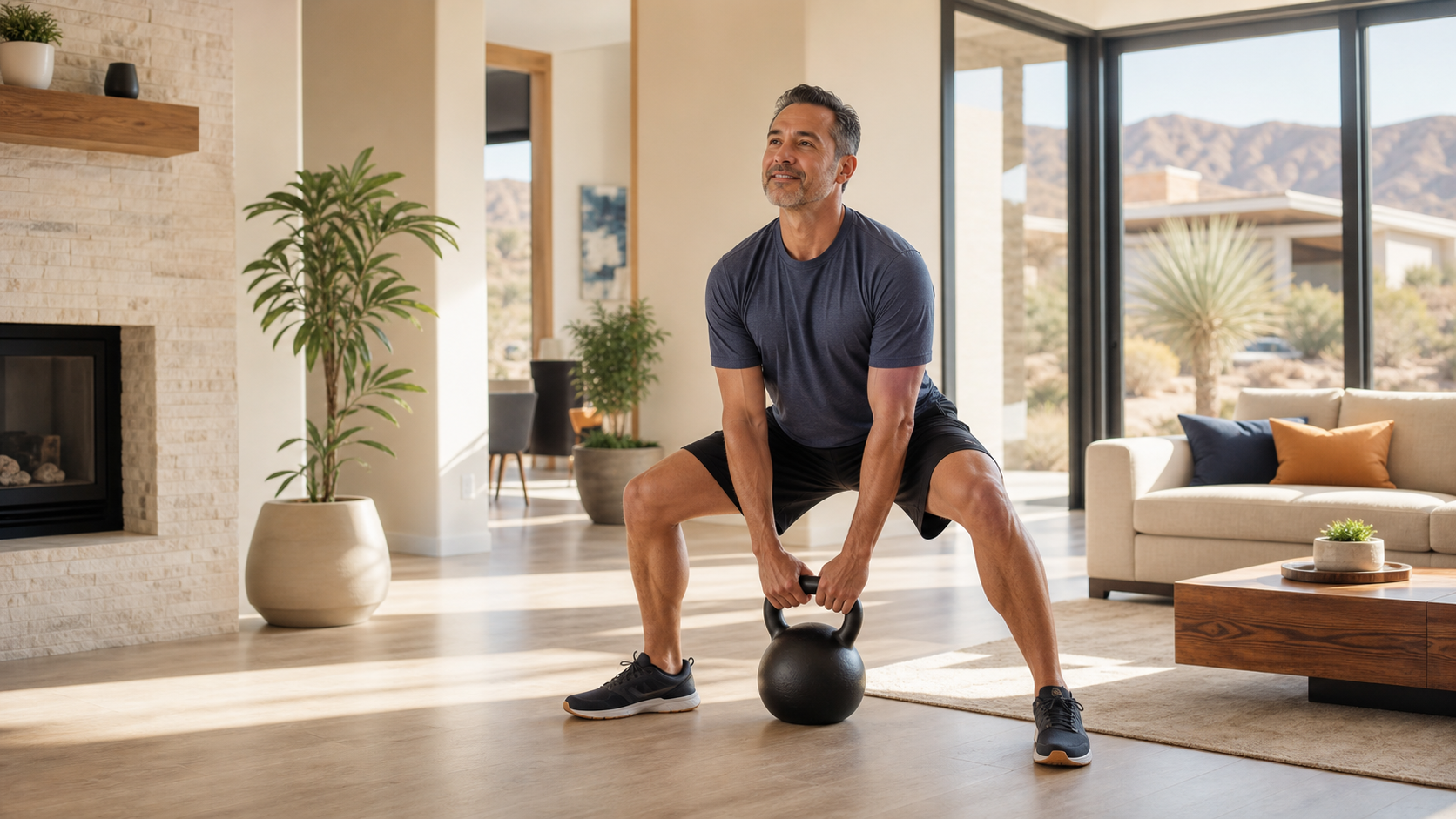 Patient performing a kettlebell sumo deadlift during recovery at home